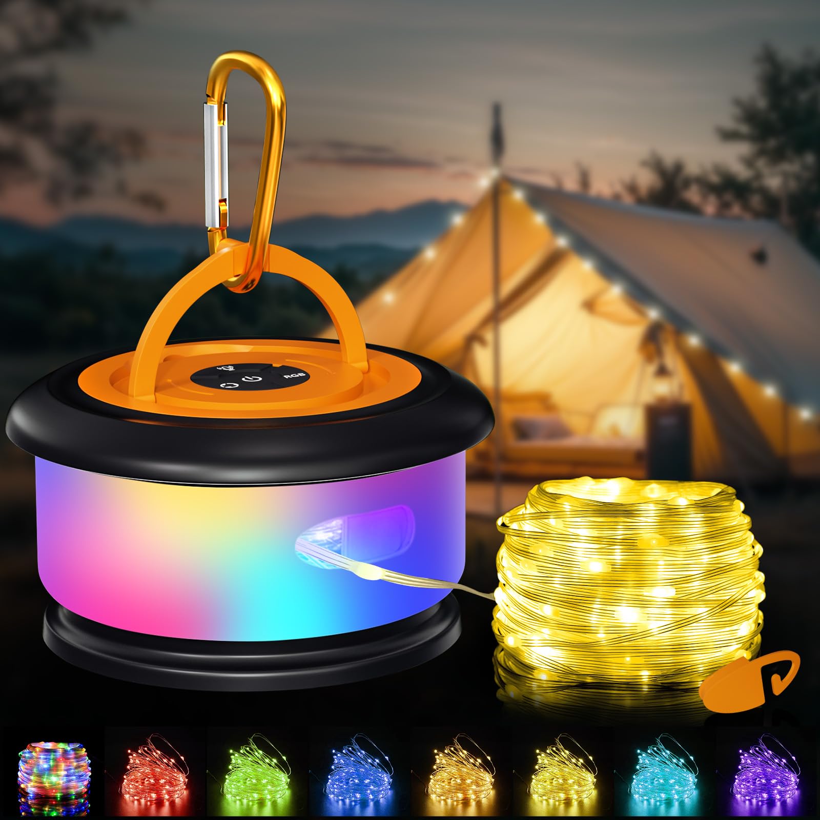 Bylitodt Camping String Lights, Retractable 32.8ft RGB Flash Lamp
